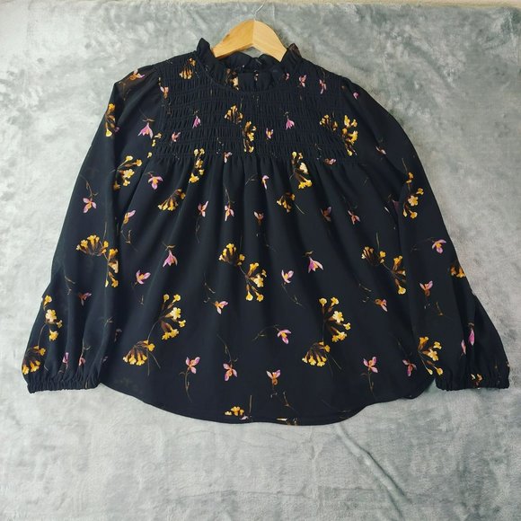 Madewell Womens S Black Floral Smocked Blouse Long Sleeve Romantic Boho Chic - Picture 2 of 13